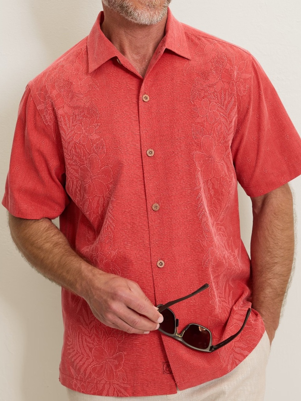 Tommy Bahama Bali Border Silk Camp Floral Shirt Color Coral Red Size Large NWT